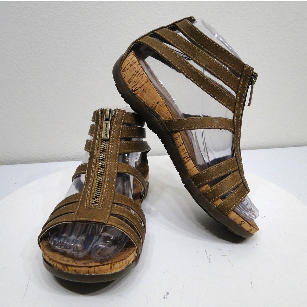 Bearpaw Womens‎ Strappy Gladiator Cork Wedge Sandals Brown Front Zip 02996-00 6W